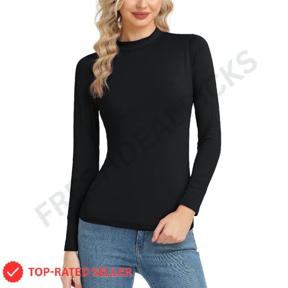 Tops - Long Sleeve Thermal Top Slim Fit Mock Neck Lightweight Layer Chic Minimal